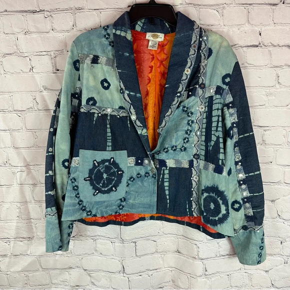 vintage sandy starkman embellished patchwork denim jacket boho cottage sz med - Picture 1 of 8